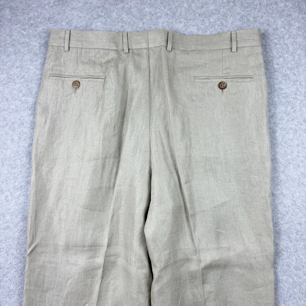 Ermenegildo Zegna Pants Mens 40x29 Beige Linen Pleated Cuffed High Rise Trousers
